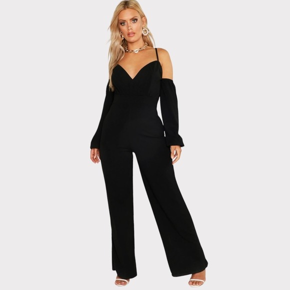 Boohoo Plus Pants - BOOHOO Plus OFF SHOULDER WIDE LEG JUMPSUIT size 18 Black